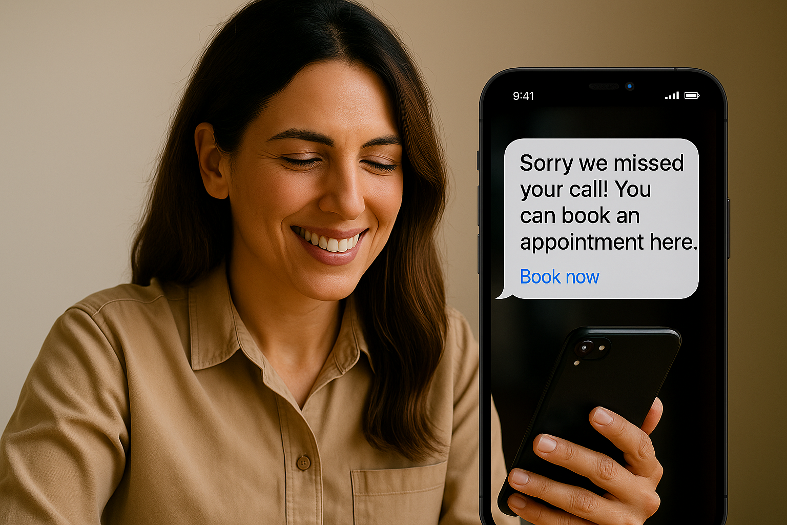 Illustration showing a missed call turning into a text message and booking